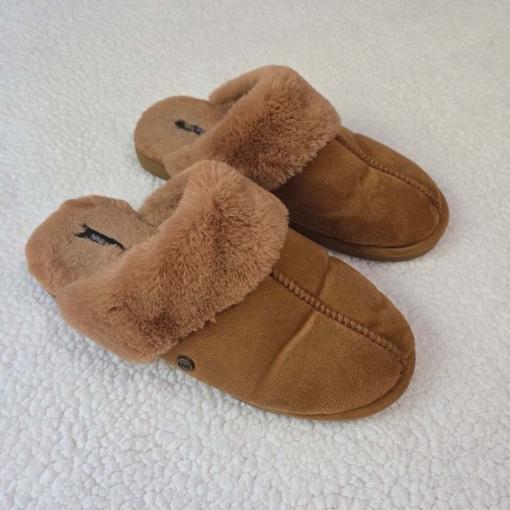 Nine West Fuzzy House Shoes Slippers Faux Fur Lined Warm Brown Size 7-8